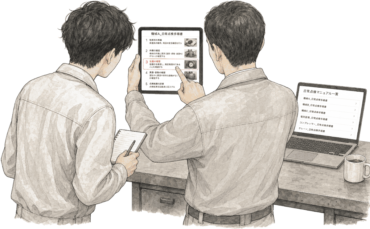 タブレットの作業手順書を指しながら教える先輩と、手元のノートに書き取る後輩の挿絵