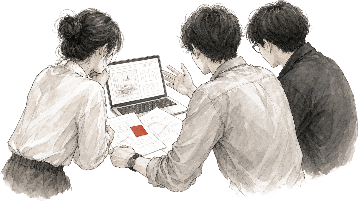 3人がノートパソコンと資料を囲んで、後ろ姿と横顔で話し合っている挿絵