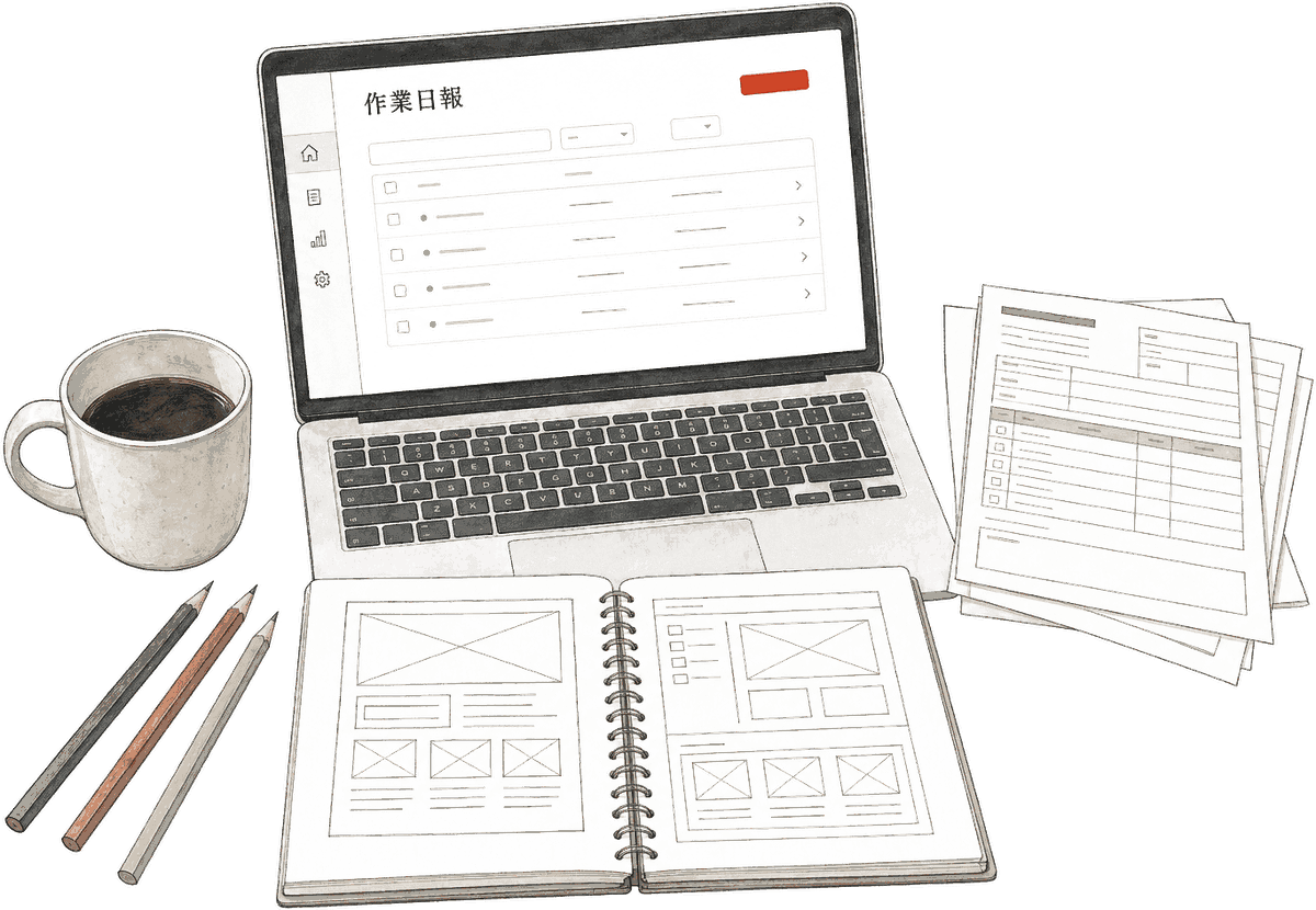 ノートPCに自社の日報アプリ、手前に手描きの画面設計を広げた作業机の挿絵