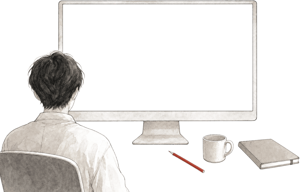 事務所の机で、モニターの画面にコードが次々と書かれていくのを見ている様子を描いた挿絵